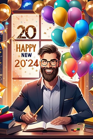 a handsome man sitting at a desk in a cozy room. beard, He has his favorite books and notebooks, add a big sign that says "2024 Happy New Year" with lots of colorful balloons and sparkles around it!