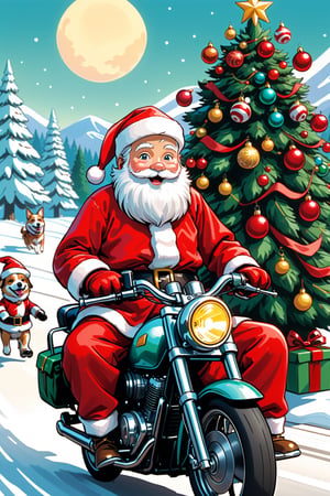 Santa Claus riding a motorcycle, dog in the far back, Christmas tree, more detail XL, SFW, solo, closeup shot, Anime