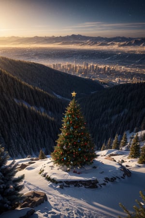 Christmas tree on the mountain, landscape,photorealistic, city visible from the top, extremely detailed