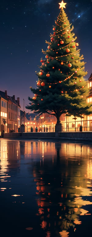 Silhouette of a big Christmas Tree in the town, detailed lightings on tree, Christmas lighting, (realism: 1.2), Best Quality, Masterpiece, Natural Light, (RAW Photo, Best Quality, Masterpiece: 1.2), Ray-traced reflections, ultra-high resolution, 16k images, depth of field, starry sky, Anime Art Wallpaper 4K, Anime Art Wallpaper 4K, Anime Art Wallpaper 8K, amazing wallpaper,1 girl