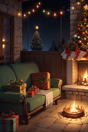 Enchanted magical Christmas tree, a lot of gifts around it, Delicious food on the table, cozy atmosphere in room, firepit nearyby, christmas decoration, Santa claus sleeping on sofa