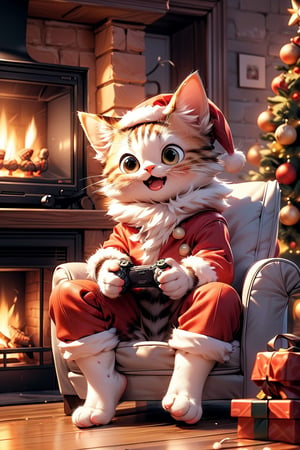 Generate a festive digital artwork featuring Cat joyfully playing a video game on a PS5 console. Picture a Cat sitting in a cozy chair by a fireplace, wearing his iconic red suit and hat. The room is adorned with Christmas decorations. Cat is fully engaged in the game, holding a controller with a big smile on face. ,cat