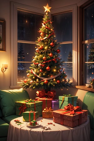 Enchanted magical Christmas tree, a lot of gifts around it, Delicious food on the table, cozy atmosphere in room, christmas decoration, Santa claus sleeping on sofa, raining outside of the window