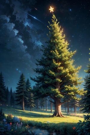A beautiful Christmas tree in a forest, beautiful landscape in the background, night, stars in the sky, ultra detailed trees, flowers, wind blowing