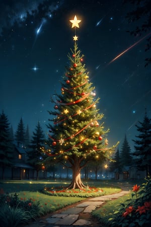 A beautiful Christmas tree in a forest, beautiful landscape in the background, night, stars in the sky, ultra detailed trees, flowers, wind blowing, atree house decorated with christmas lighting