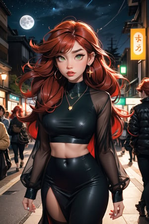 1girl, solo, medium shot, walking in harajuku, ((night time)), really long hair, red eyes, starry sky, orange shimmer hair, ginger eyebrow, glowing hair, (iridescent red hair),moon earrings, bangs, moon jewelry, piercings, jewelry, ring, cross, piercing, collar, necklace, ear piercing, earrings, choker, belly button piercing, moon necklace,  symmetrical face, blunt , green eyes, blurry background, blurry, looking at viewer, really long hair, portrait, curvy figure, red hair, black dress