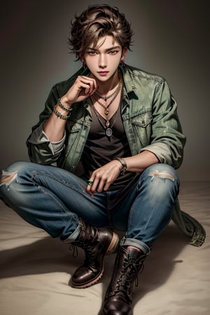 ((Best Quality, 8K, Masterpiece: 1.3))kpop,1male, brunett hair, tanned skin,Detailedface, green eyes, ripped jeans, boots, necklace, earings, better hands