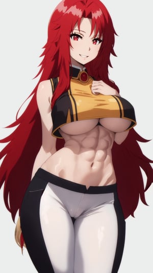 1girl, sole_female, sexy girl, tall girl, sexy girl, (simple background), red hair, long_hair, white_skin, red_eyes, (detalled eyes:1.3), big breasts, abs, black crop top, sleeveless crop top, white leggings, tight pants, camel toe, thong_panties, (underboobs:1.3), exposed breasts, perky tits, exposed navel, hip_lines, smile showing teeth, Sexy, seducing, seductive_pose, Iris