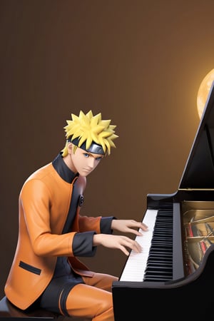 Naruto Uzumaki in a fancy suit is playing piano realistic