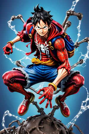 a highly detailed beautiful portrait of Luffy that looks like a Spider-Man, wearing a spider-man costume, no mask, designed in Studio Gibhli style, full_body,mecha