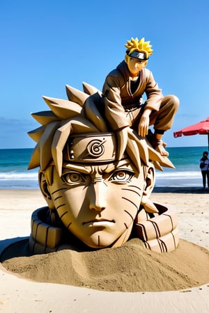 a highly detailed beautiful portrait of Naruto Uzumaki becomes a sand statue, on the beach, designed in Studio Gibhli style, full_body, full_body