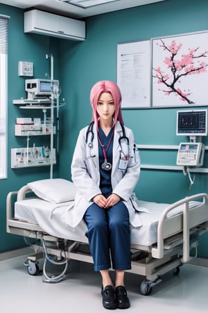 a highly detailed beautiful portrait of Sakura Haruno  that looks like a doctor in a hospital, in a hospital room, designed in Studio Gibhli style, full_body