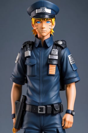 a highly detailed beautiful portrait of Naruto Uzumaki that looks like a police officer, wearing a full police uniform on duty, designed in Studio Gibhli style, blue_eyes, full_body, 