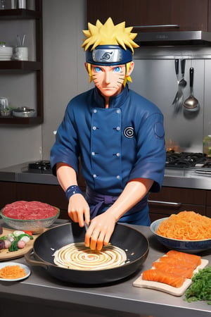 a highly detailed beautiful portrait of Naruto Uzumaki that looks like a master chef is cooking in the kitchen designed in Studio Gibhli style, blue_eyes, full_body, 