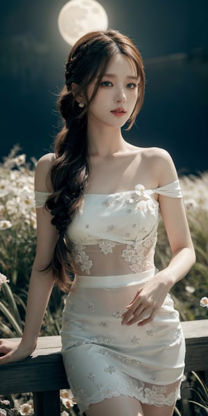 masterpiece, best quality, 1girl, (colorful),(finely detailed beautiful eyes and detailed face),ight brown hair, White lace dress, brown eyes,plaits hairstyle,cinematic lighting,bust shot,extremely detailed CG unity 8k wallpaper,white hair,solo,smile,intricate skirt,((flying petal)),(Flowery meadow) sky, cloudy_sky, building, moonlight, moon, night, (dark theme:1.3), light, fantasy,jisoo,1 girl,Asia,Woman ,z1l4,enhanc3d