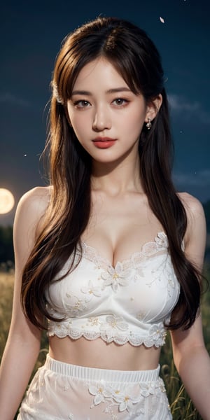 masterpiece, best quality, 1girl, (colorful),(finely detailed beautiful eyes and detailed face),ight brown hair, White lace dress, brown eyes,plaits hairstyle,cinematic lighting,bust shot,extremely detailed CG unity 8k wallpaper,white hair,solo,smile,intricate skirt,((flying petal)),(Flowery meadow) sky, cloudy_sky, building, moonlight, moon, night, (dark theme:1.3), light, fantasy,jisoo,1 girl,Asia,Woman ,z1l4,enhanc3d