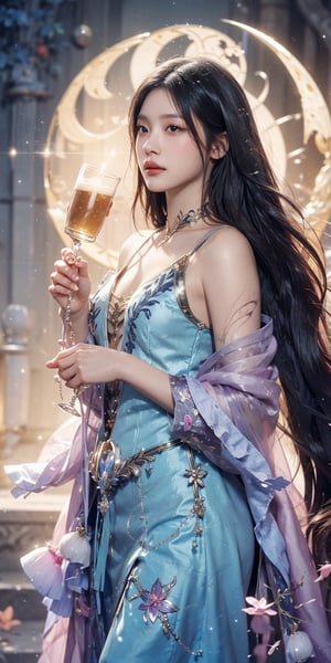 ,Lunar Apothecary A woman with skin like moonlight and eyes that hold the secrets of celestial herbs, brews potions under the glow of two moons. Her flowing gown, adorned with lunar symbols and botanical motifs, reflects her connection to the healing power of the cosmos.
 
