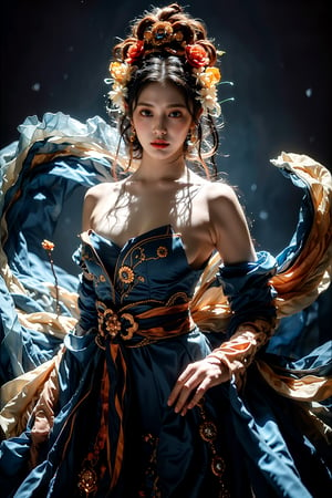 Full figure, seven -clinging shooting, 18 years old, wearing transparent science fiction clothes, exquisite faces, details, hands, ultimate details, amazing magnificence, LED internal lighting, Pedaipan style, fiber hair, glowing blue iris, glowing blue iris,leonardo,Anigame ,beaded flower decoration,jisoo,1girl,Fairy in Clouds,hanfuandflower,beaded flower,Rococo style
