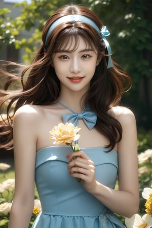 1girl, solo, long hair, looking at the viewer, smiling, bangs, brown hair,  strapless, blue dress, outdoors, holding flower in hand, bow, ribbon, hair ribbon,  hairband,  parted lips,  bowtie, lips,  bow,  ribbon, realistic,leonardo