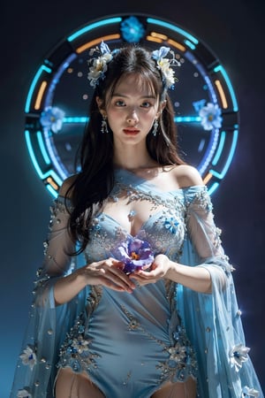 Full figure, seven -clinging shooting, 18 years old, wearing transparent science fiction clothes, exquisite faces, details, hands, ultimate details, amazing magnificence, LED internal lighting, Pedaipan style, fiber hair, glowing blue iris, glowing blue iris,leonardo,Anigame ,beaded flower decoration,neon background