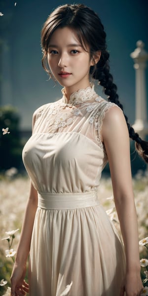 masterpiece, best quality, 1girl, (colorful),(finely detailed beautiful eyes and detailed face),ight brown hair, White lace dress, brown eyes,plaits hairstyle,cinematic lighting,bust shot,extremely detailed CG unity 8k wallpaper,white hair,solo,smile,intricate skirt,((flying petal)),(Flowery meadow) sky, cloudy_sky, building, moonlight, moon, night, (dark theme:1.3), light, fantasy,jisoo,1 girl,Asia,Woman ,z1l4,enhanc3d,AIDA_LoRA_valenss