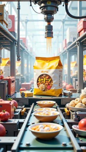 3D rendering in C4D style of a futuristic production line, with oversized snack bags, dessert boxes, and ramen bowls as raw material tanks. These giant containers feed into the machinery, producing more snacks, ramen, and desserts. Conveyor belts transport the products, surrounded by industrial machines. Clean, modern factory environment, with bright lighting, smooth textures, and vibrant colors, detailed mechanical components, highly realistic reflections and shadows, glossy surfaces, in the signature C4D aesthetic -- ar 16:9   --sref random 