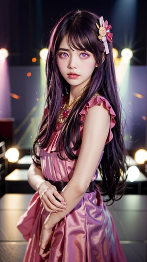 masterpiece, best quality,stage,1girl,purple hair,long hair,hair ornament, symbol-shaped pupils,pink dress,pink clothes,(simple background:0.5), (kbxll:0.6),Detailedface
