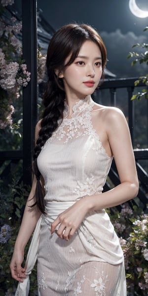 masterpiece, best quality, 1girl, (colorful),(finely detailed beautiful eyes and detailed face),ight brown hair, White lace dress, brown eyes,plaits hairstyle,cinematic lighting,bust shot,extremely detailed CG unity 8k wallpaper,white hair,solo,smile,intricate skirt,((flying petal)),(Flowery meadow) sky, cloudy_sky, building, moonlight, moon, night, (dark theme:1.3), light, fantasy,jisoo,1 girl,Asia,Woman ,z1l4,enhanc3d