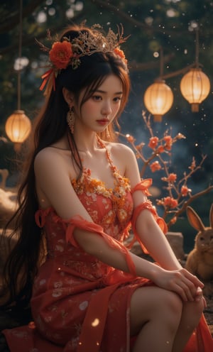 (ultra realistic,32k, masterpiece:1.2),(high detailed skin:1.1),( high quality:1.1), (masterpiece, best quality),Mid-Autumn Festival A Chinese girl Chang'e, wearing beautiful Hanfu, squatting on the ground Use tree branches to skewer a whole rabbit and grill it. The skin will be crispy on the outside and the meat will be tender and golden brown. With the beautiful bright moon, full body,(face close-up:1.4), (looking at viewer, upper body) ((dystopic )) ((lleg open)) ((standing)) ((combat ready)) ((rainy playground)) ((sittting)) (( serafuku)) ,jisosmile,ct-identity