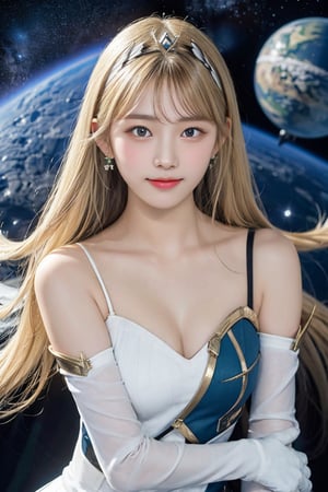 Masterpiece, highest quality, 1 girl, solo, 18 years old, beautiful korean girl, {beautiful and delicate eyes}, long hair, ((blonde hair)), flat bangs,  calm expression, natural soft light, delicate facial features , seductive human face, smiling eyes, open lips, looking at the viewer, normal body structure, correct proportions, perfect hands, (model pose), seductive  film grain, real, (mythradef:1.3), tiara, earrings, chest jewel,  dress, short dress, elbow gloves, gloves, thigh strap, upper body, outer space, planet, satellite background, mythradef