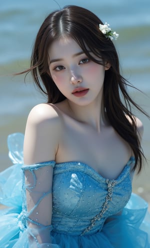 (ultra realistic,32k, masterpiece:1.2),(high detailed skin:1.1),( high quality:1.1), (masterpiece, best quality),a woman in a blue dress on the beach, in style of ren hang, fashion model features, in a style combining botticelli, environmental artwork, bright vivid colours, greg broadmore, chinese woman, netting, disappearing, full body,(face close-up:1.4), (looking at viewer, upper body) ((dystopic )) ((lleg open)) ((standing)) ((combat ready)) ((rainy playground)) ((sittting)) (( serafuku)) ,jisosmile,ct-identity