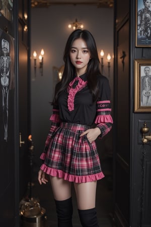 An elegant woman standing confidently in a gothic punk idol outfit, the outfit consists of a black and pink plaid short skirt with ruffles, a black collared blouse with pink accents, and matching pink and black striped arm warmers, she wears high platform shoes and black thigh-high socks, and holds a silver microphone in her right hand, the background features gothic decor, including black candles, a skeleton-print fabric, chains, and dark-themed posters on the wall, the atmosphere is a mix of dark elegance and punk rock, with a subtle blend of J-pop idol style. High resolution capture in 32K UHD with extreme realism