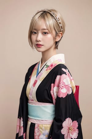 Thai girl 22 year old, blond sleek pixie short hair style, wearing pastel pink kimono sakura flower, solid black color background