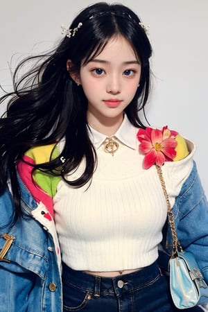 Masterpiece, best quality, official art, highly realistic, (masterpiece), (best quality), (1girl, most beautiful korean girl, Korean beauty model, stunningly beautiful girl, gorgeous girl, 20yo, over sized eyes, big eyes, smiling, looking at viewer), black big eyes, bangs, (powder blusher), shoulder length hair, yellow hair, flower hair clips, (blue sweater, shirt collar), small chest, pink shoulder bag, Upper body close-up with white background,Daofa Rune,Fashion Style, ,masterpiece