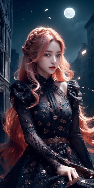 masterpiece, best quality, 1girl, (colorful),(finely detailed beautiful eyes and detailed face),light pink hair, White lace dress, brown eyes,plaits hairstyle,cinematic lighting,bust shot,extremely detailed CG unity 8k wallpaper,white hair,solo,smile,intricate skirt,((flying petal)),(Flowery meadow) sky, cloudy_sky, building, moonlight, moon, night, (dark theme:1.3), light, fantasy,jisoo,1 girl,Asia,Woman ,z1l4,enhanc3d,beaded flower decoration,leonardo,DonM0ccul7Ru57