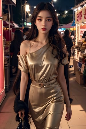 detailed, 1girl, looking at viewer, perfect body, detail face, soft lights, vivd color, deep shadow, long_hair, epic scale, from_above, wide-angle, ,Film grain, sample fashion outfit, walking into nightmarket,