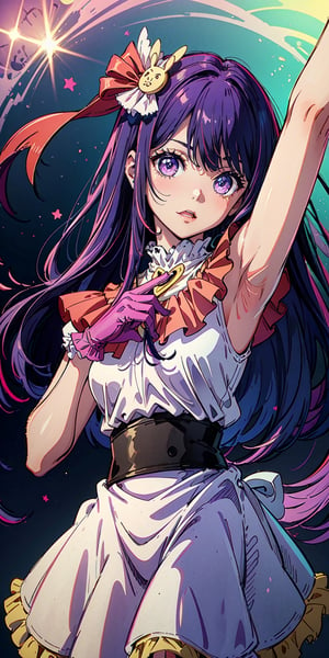 masterpiece, best quality,1girl,solo, hoshino ai, best quality, ultra-detailed,solo, skirt, pink gloves, hair ornament, looking at viewer, heart, purple eyes, light purple hair, HshinoAi,gloves, tongue out, tongue, long hair, star \(symbol\), looking at viewer, (purple hair:1.2), purple eyes, upper body, hair ornament, frills, pink shirt, smile, sleeveless, shirt, idol, symbol-shaped pupils, hands up, bangs, one side up, star-shaped pupils, arms up, dress pull,Roaring Twenties, isometric, cliff, 1girl, full body, cowboy shot, (Rembrandt), illustration, (best quality), (ultra_detailed), finely detail, (Depth of field), peace sign, highest quality, high resolution.,oshi no ko