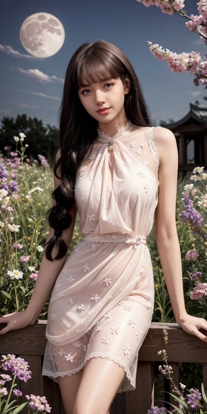 masterpiece, best quality, 1girl, (colorful),(finely detailed beautiful eyes and detailed face) light pink hair,plaits hairstyle, White lace dress, brown eyes,plaits hairstyle,cinematic lighting,bust shot,extremely detailed CG unity 8k wallpaper,white hair,solo,smile,intricate skirt,((flying petal)),(Flowery meadow) sky, cloudy_sky, building, moonlight, moon, night, (dark theme:1.3), light, fantasy,jisoo,1 girl,Asia,Woman ,z1l4,Sugar babe ,lisa