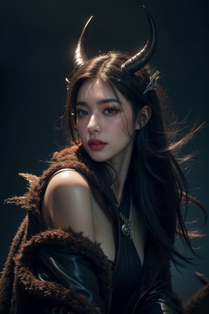 a beautiful monster girl, detailed facial features, piercing eyes, long eyelashes, full lips, sharp teeth, horns, intricate costume, fantasy creature, ethereal and mystical, cinematic lighting, highly detailed, 8k, photorealistic, dramatic colors, moody atmosphere, digital art, full body shot