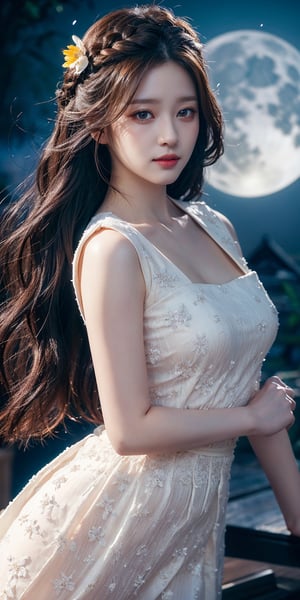 masterpiece, best quality, 1girl, (colorful),(finely detailed beautiful eyes and detailed face),ight brown hair, White lace dress, brown eyes,plaits hairstyle,cinematic lighting,bust shot,extremely detailed CG unity 8k wallpaper,white hair,solo,smile,intricate skirt,((flying petal)),(Flowery meadow) sky, cloudy_sky, building, moonlight, moon, night, (dark theme:1.3), light, fantasy,jisoo,1 girl,Asia,Woman ,z1l4,enhanc3d,yoonss-14