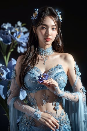 Full figure, seven -clinging shooting, 18 years old, wearing transparent science fiction clothes, exquisite faces, details, hands, ultimate details, amazing magnificence, LED internal lighting, Pedaipan style, fiber hair, glowing blue iris, glowing blue iris,leonardo,Anigame ,beaded flower decoration