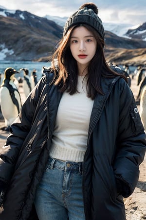 Masterpiece, best quality, ((Colorful Aurora)), a group of Antarctic penguins, snowfield, 1 girl, solo, long brown hair, brown eyes, woolen hat, gloves, coat, denim trousers, looking at the viewer, standing, dynamic vista Shot, bright sunlight, perfect composition, super detailed, official art, detailed background, hyper-realistic, high resolution, background detail enhanced.