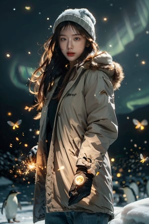 Masterpiece, best quality, ((Colorful Aurora)), a group of Antarctic penguins, snowfield, 1 girl, solo, long brown hair, brown eyes, woolen hat, gloves, coat, denim trousers, looking at the viewer, standing, dynamic vista Shot, bright sunlight, perfect composition, super detailed, official art, detailed background, hyper-realistic, high resolution, background detail enhanced.,firefliesfireflies,Light particles and spark