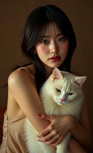 (ultra realistic,32k, masterpiece:1.2),(high detailed skin:1.1),( high quality:1.1), (masterpiece, best quality),Pop surrealism art style. portrait, a beautiful woman with black hair cuddling a sleek white cat. The woman's face is illuminated by a soft, warm light, emphasizing her facial features with a golden glow. The background is dominated by rich earth tones, zaya, full body,(face close-up:1.4), (looking at viewer, upper body) ((dystopic )) ((lleg open)) ((standing)) ((combat ready)) ((rainy playground)) ((sittting)) (( serafuku)) ,jisosmile,ct-identity