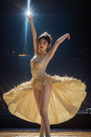 A young Asian ballerina girl stands triumphantly against the iconic Eiffel Tower backdrop, her delicate features illuminated by the golden hour sun. She wears a flowing ballerina dress emblazoned with 'PARIS 2024' and bold blue sports shorts, exuding confidence and athleticism. The stadium audience cheers and chants, their faces aglow with excitement.