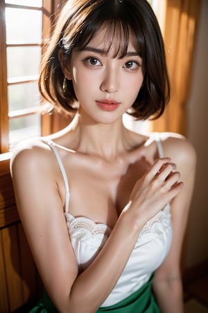 masterpiece, The highest image quality, hightquality, Beautiful Women, japanes, Popular Korean Makeup, detaileds, Swollen eyes, A detailed eye, Detailed skin, Beautiful skins, A high resolution, (Reality:1.4), very extremely beautiful, Slightly younger face, Beautiful skins, Thin, A hyper-realistic, illustration, hight resolution, 8K, ighly detailed, The best illustrations, beautifully detailed eyes, Ultra-detail, wallpaper, Detailed face, looking at the viewers, fine detailed, A detailed face, pureerosfaceace_v1, A smile, Looking straight ahead, Looking straight ahead, angle from waist up, photos realistic, Bright lighting, professional lighting, A darK-haired(Part of the hair is green), length hair, Black Leather Gothic Dress, a matural female, long stylish bangs,sexy,mikas,maiko