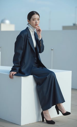 (ultra realistic,32k, masterpiece:1.2),(high detailed skin:1.1),( high quality:1.1), (masterpiece, best quality),a woman sitting on top of a white cube, official jil sander editorial, blue and grey tones, trending on interfacelift, coat, artforum, very beautiful long slim legs, inspired by Zhang Shuqi, flagstones, tall and slender, peter morbacher style, wooden platforms, round-cropped, 2 0 1 4. modern attire, harpers bazaar, jeongseok lee --relax, full body,(face close-up:1.4), (looking at viewer, upper body) ((dystopic )) ((lleg open)) ((standing)) ((combat ready)) ((rainy playground)) ((sittting)) (( serafuku)) ,jisosmile,ct-identity