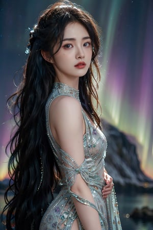 a female character with long, flowing hair that appears to be made of ethereal, swirling patterns resembling the Northern Lights or Aurora Borealis. The background is dominated by deep blues and purples, creating a mysterious and dramatic atmosphere. The character's face is serene, with pale skin and striking features. The overall style of the artwork is reminiscent of fantasy or supernatural genres,lisa,1 girl 