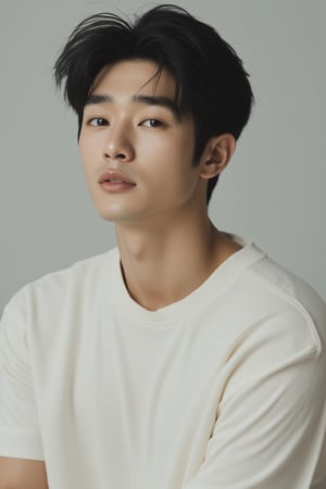 A serene 32-year-old Japanese man sits calmly in front of a subtle gradient background,Pixie cut ,Handsome, thick eyebrows and big eyes,  his kind eyes gazing directly into the camera. Soft, natural light illuminates his delicate features, accentuating the innocence and purity on his face. A short-sleeved White top hugs his slender physique, drawing attention to his youthful charm. The composition is tight and intimate, with the subject's gentle expression taking center stage. A high-resolution lens captures the intricate texture of the sweater, while a soft focus effect maintains a minimalist aesthetic free from distractions.,(masterpiece:1.3), (8k, photorealistic, RAW photo, best quality: 1.4), (1girl), beautiful face, (realistic face), beautiful hairstyle, realistic eyes, beautiful detailed eyes, (realistic skin), beautiful skin, clean skin, ultra high res, ultra realistic, hightly detailed, golden ratio