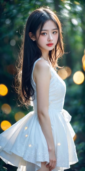 looking at viewer, lovely white dress,  in the woods, glowing ice star, magical, fantasy, dreamy, .shallow depth of field, vignette, highly detailed, high budget, bokeh, cinemascope, moody, epic, gorgeous, film grain, grainy, cinematic film, alive,